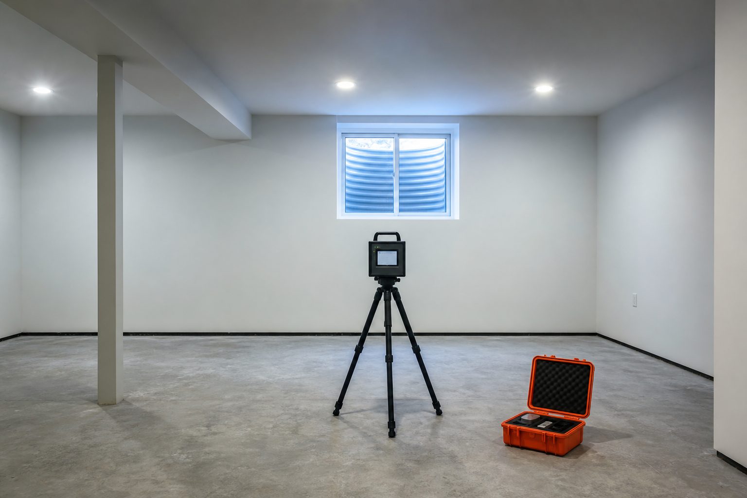 Continuous radon monitor on a tripod in an empty white basement with an orange equipment case on the floor