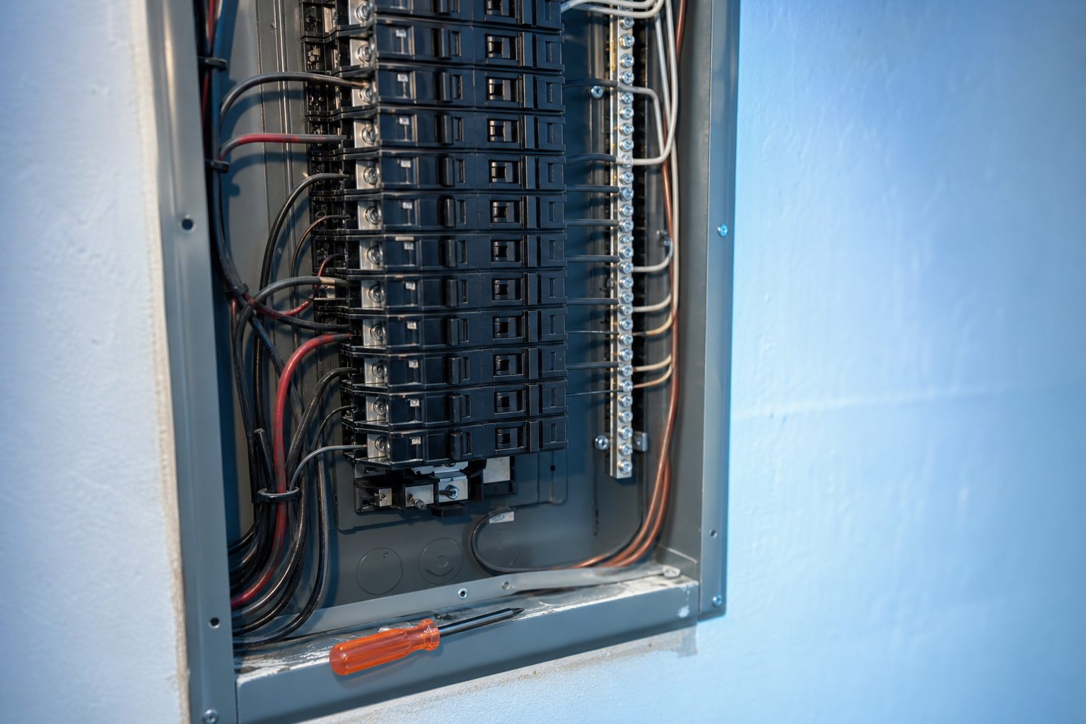 Open electrical panel with the dead front removed showing branch conductors landed on breaker terminals