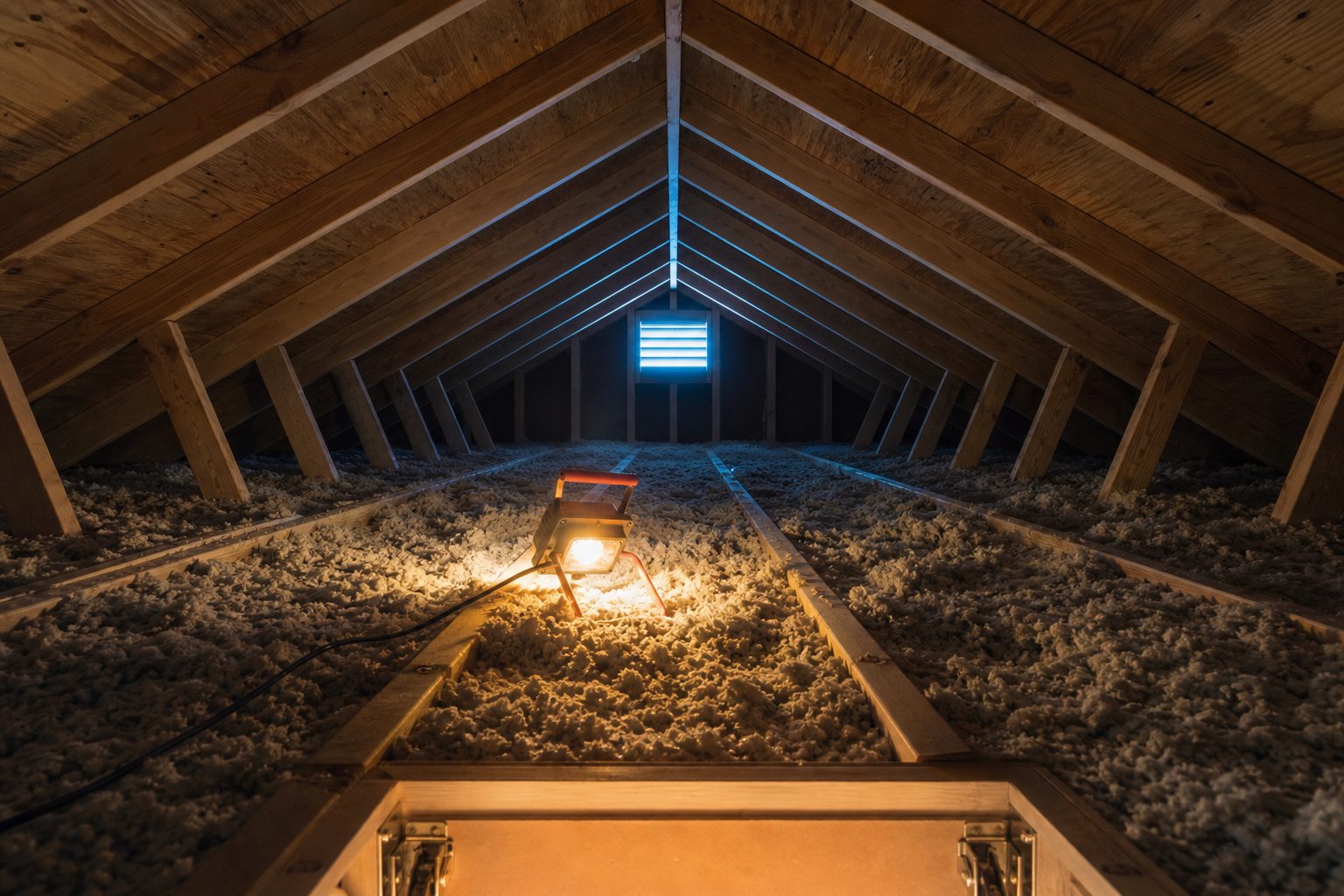 Attic interior seen from the hatch with blown insulation, rafters overhead and an orange work light glowing