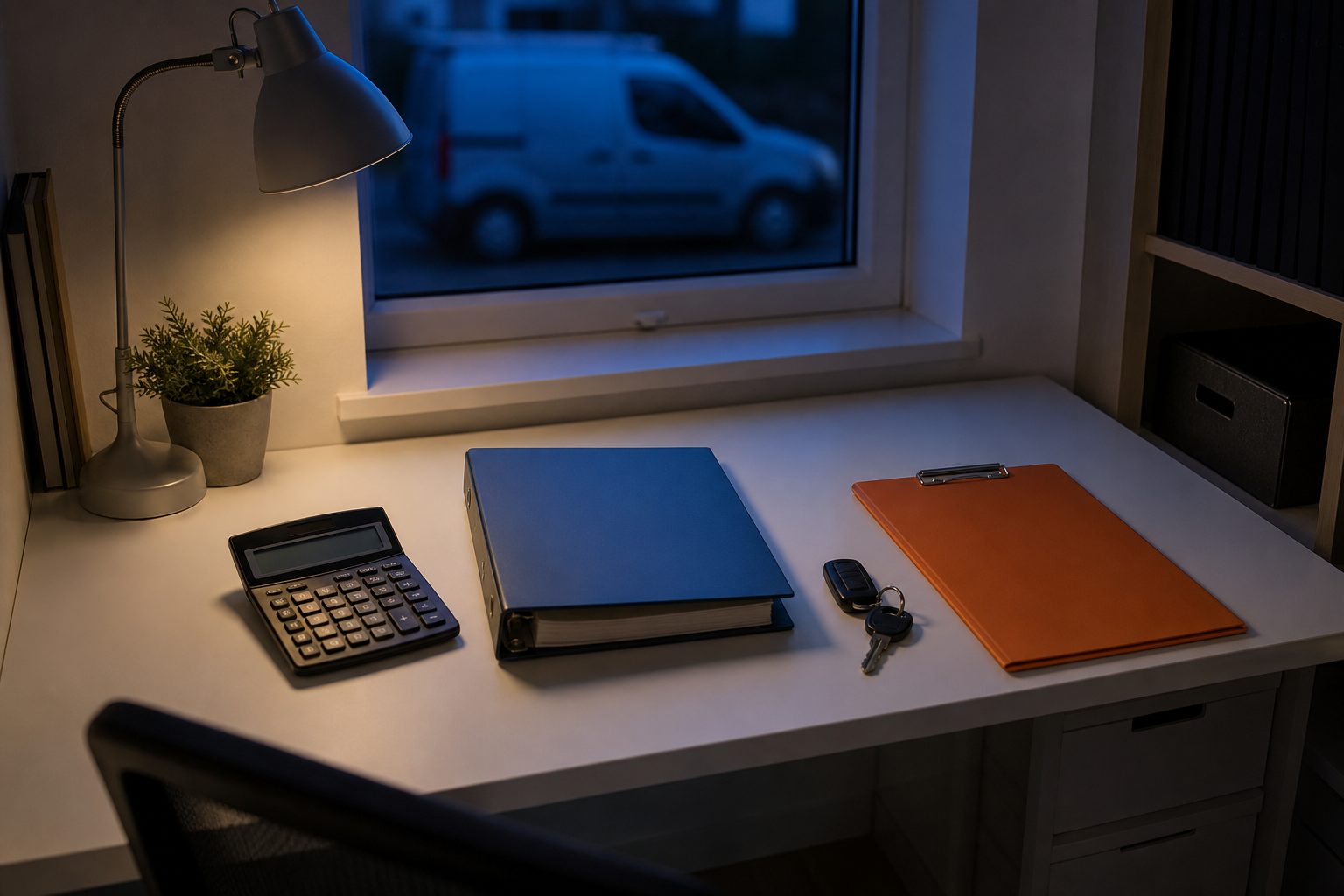 Home office desk at dusk with a calculator, closed binder, van keys and an orange clipboard in blue light