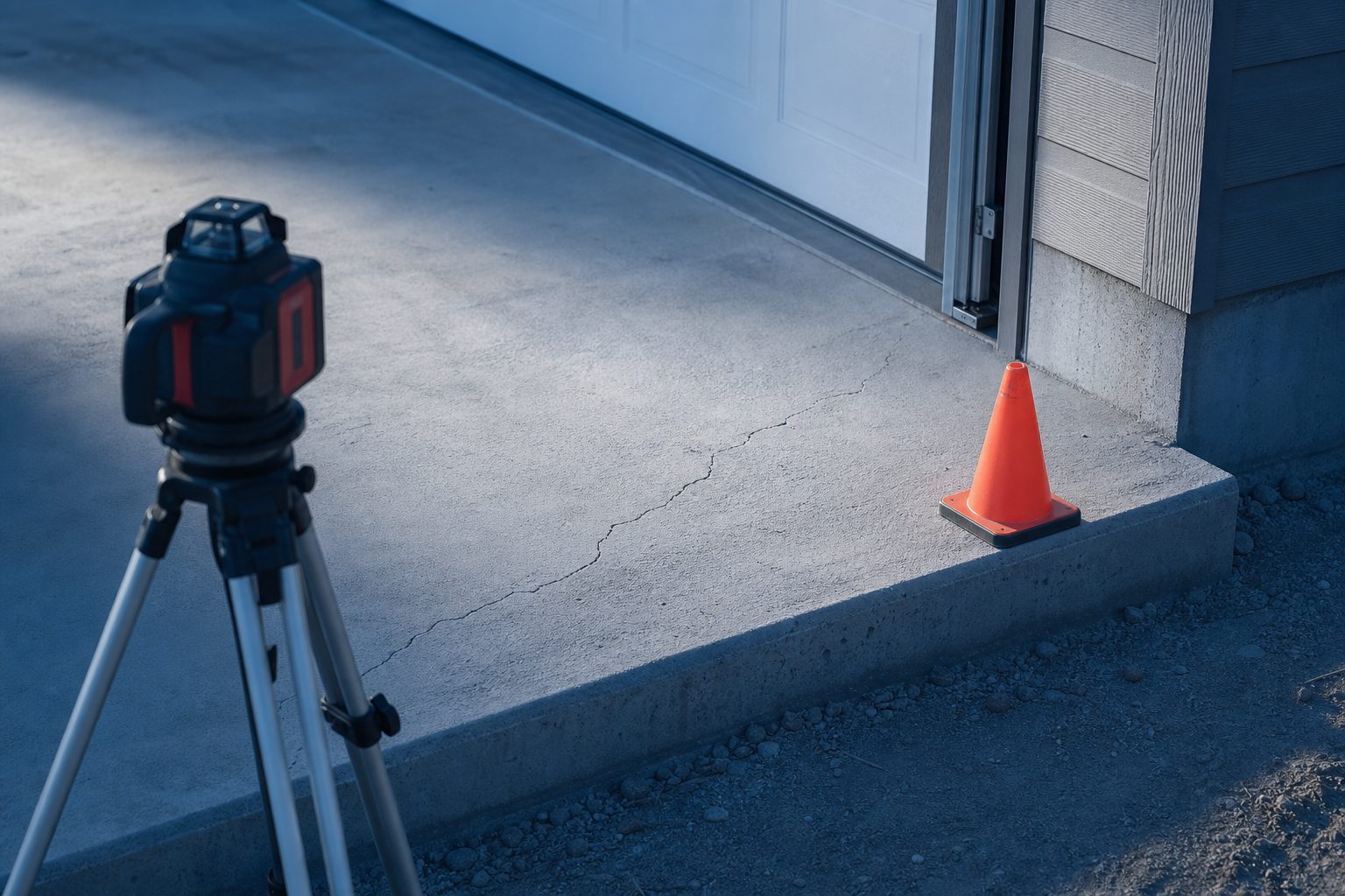 Concrete slab edge at a garage doorway with a hairline crack, a laser level on a tripod and an orange cone