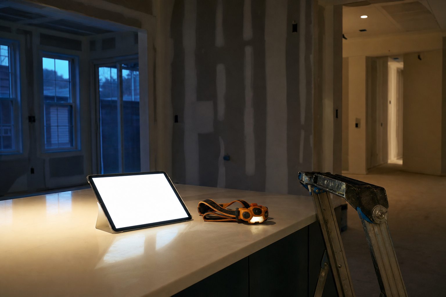 Tablet with a blank screen on a white counter beside a folded ladder and an orange headlamp in cool blue light