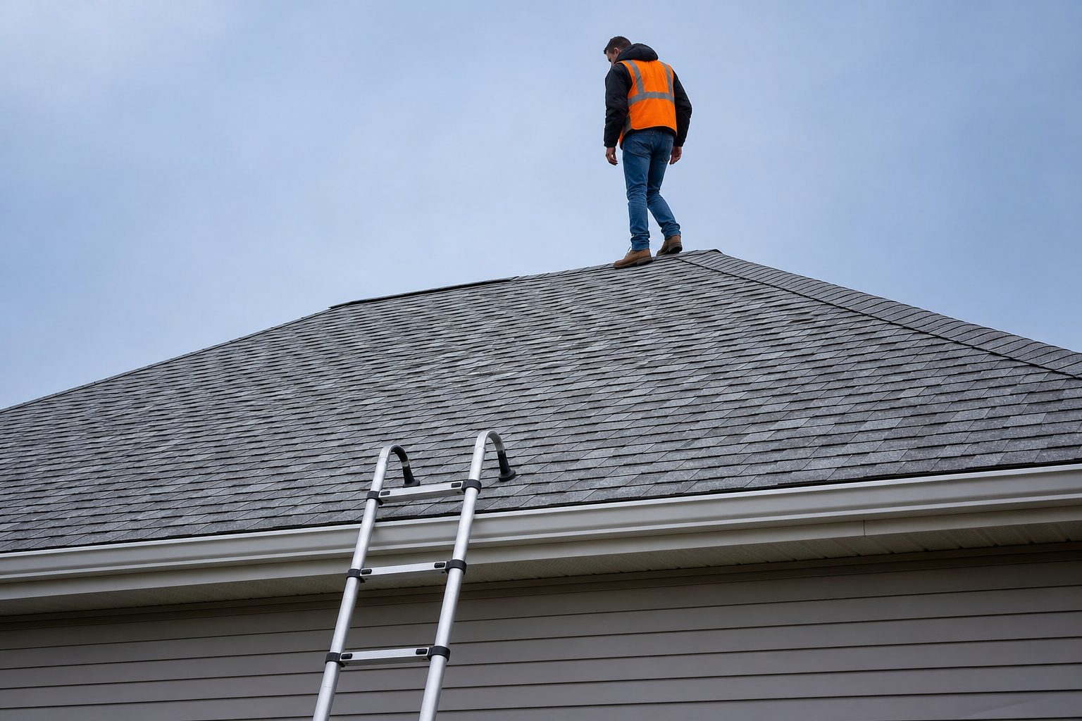 Inspector in an orange vest standing on an asphalt shingle roof ridge under an overcast blue gray sky