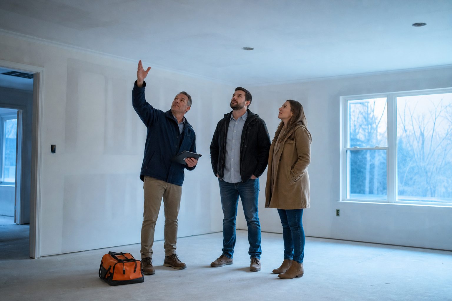 Inspector gesturing toward the ceiling for two buyers in an empty living room lit by cool daylight