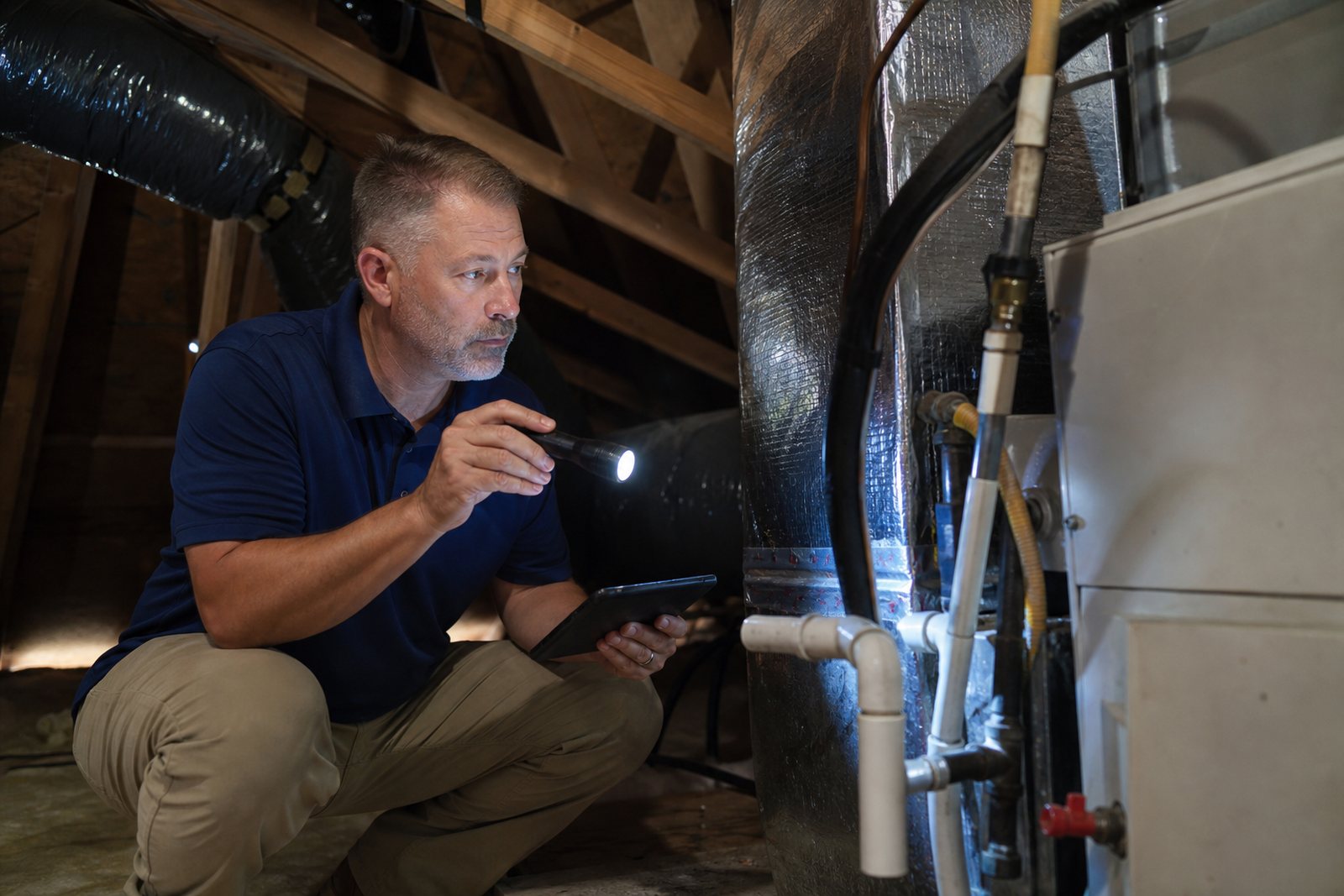 Home inspector with a flashlight and tablet checking wiring and ductwork in a dim attic mechanical space