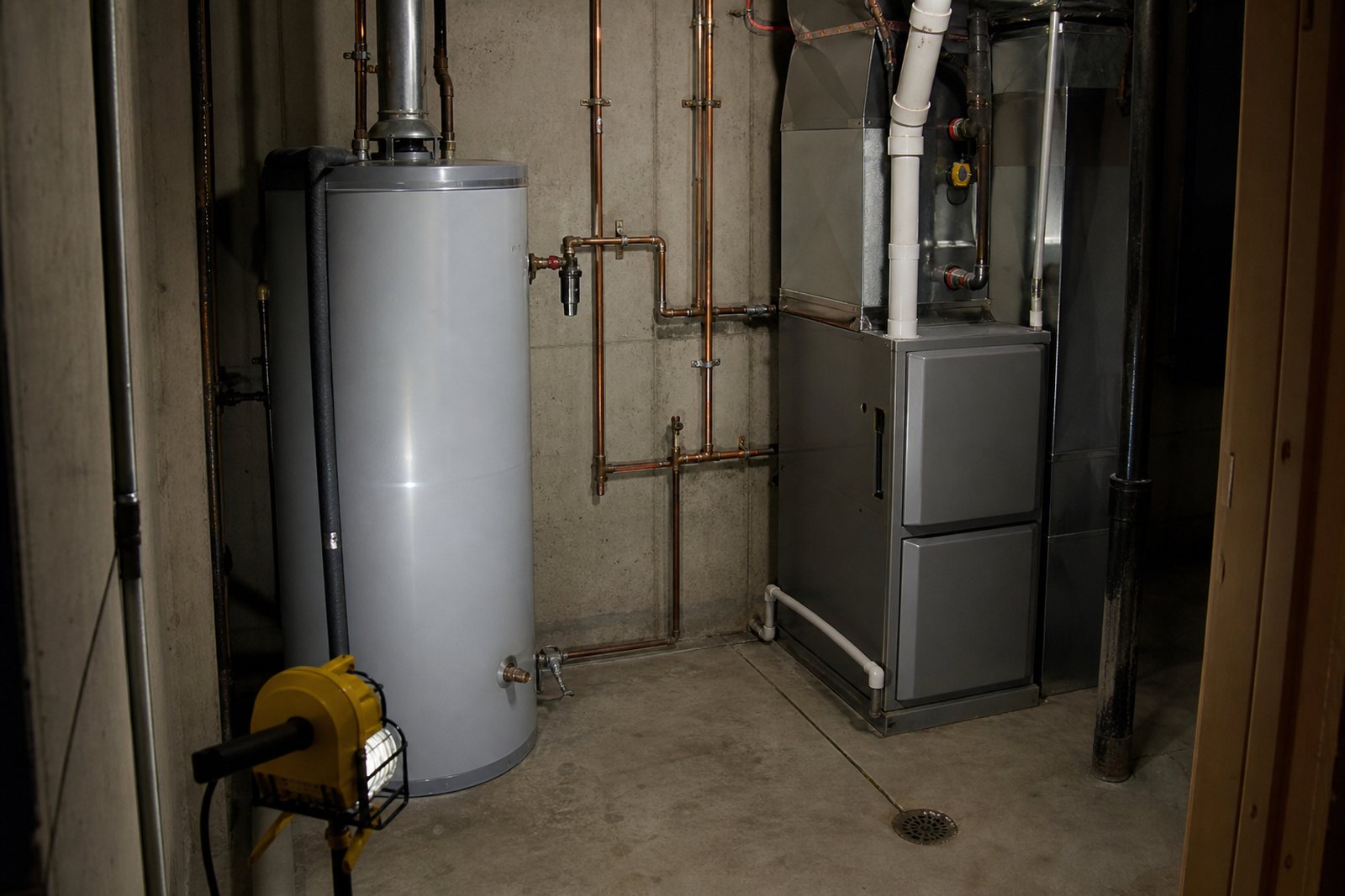 Basement mechanical room with a gas furnace, water heater and copper supply piping lit by a portable work light